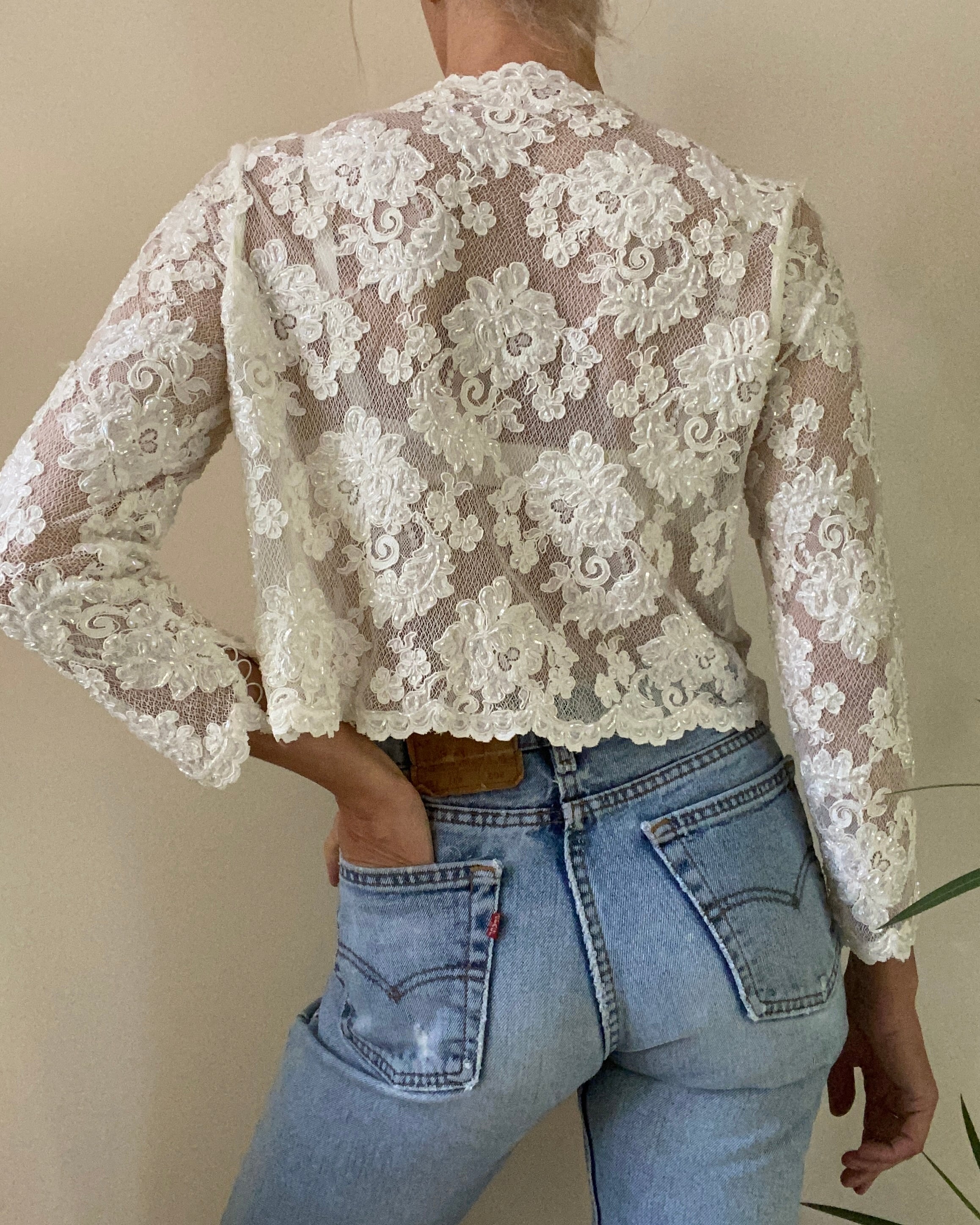 Vintage 1980s White Floral Soutache Lace On Mesh Net with Beading Top Cardigan S SM 4