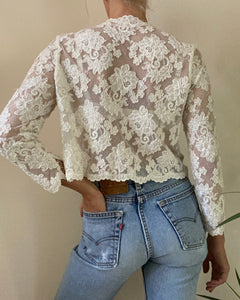 Vintage 1980s White Floral Soutache Lace On Mesh Net with Beading Top Cardigan S SM 4