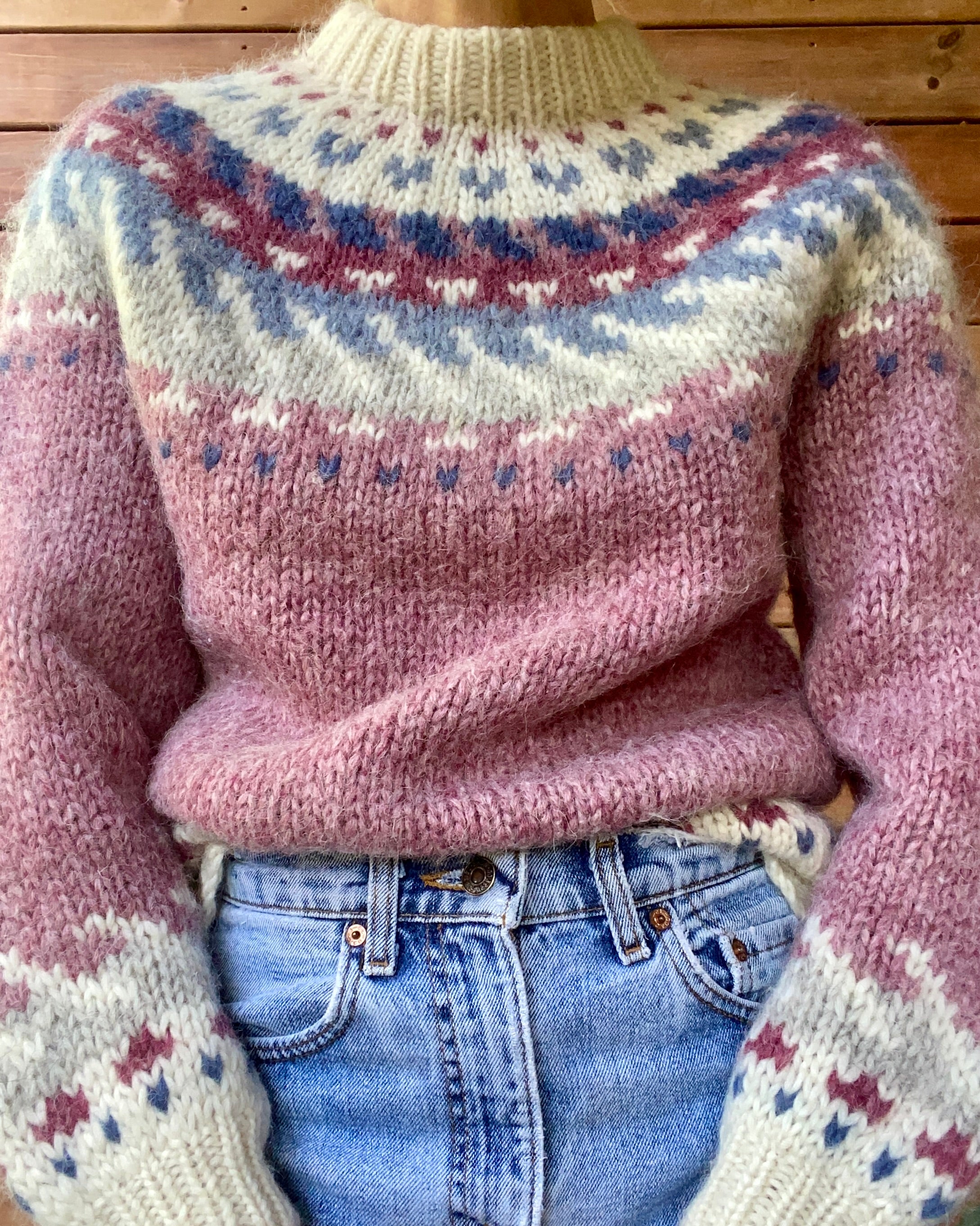 VINTAGE HILDA Ltd. for LLBEAN Icelandic Handknit Pink Fairisle Wool Sweater M L