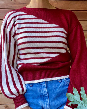 Vintage 1970s Fine Knit Red Stripe Sweater with Bell Sleeves S