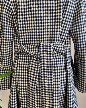 Vintage 1960s MAC CALLUM Black & Ivory Wool Scottish Tweed Check Double Breasted Coat With Belt S or M
