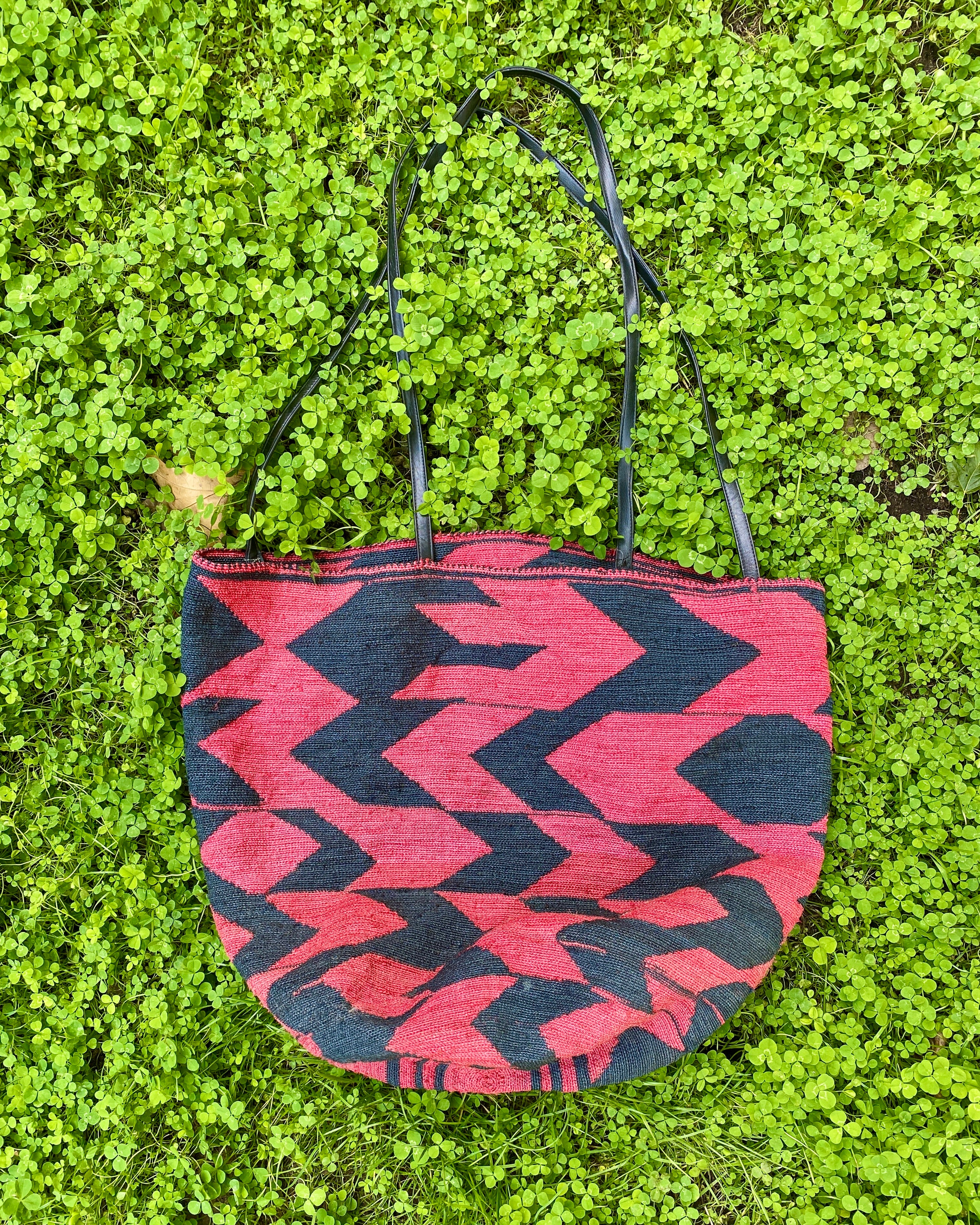 Vintage Handmade African Sisal Tote Bag Red and Black