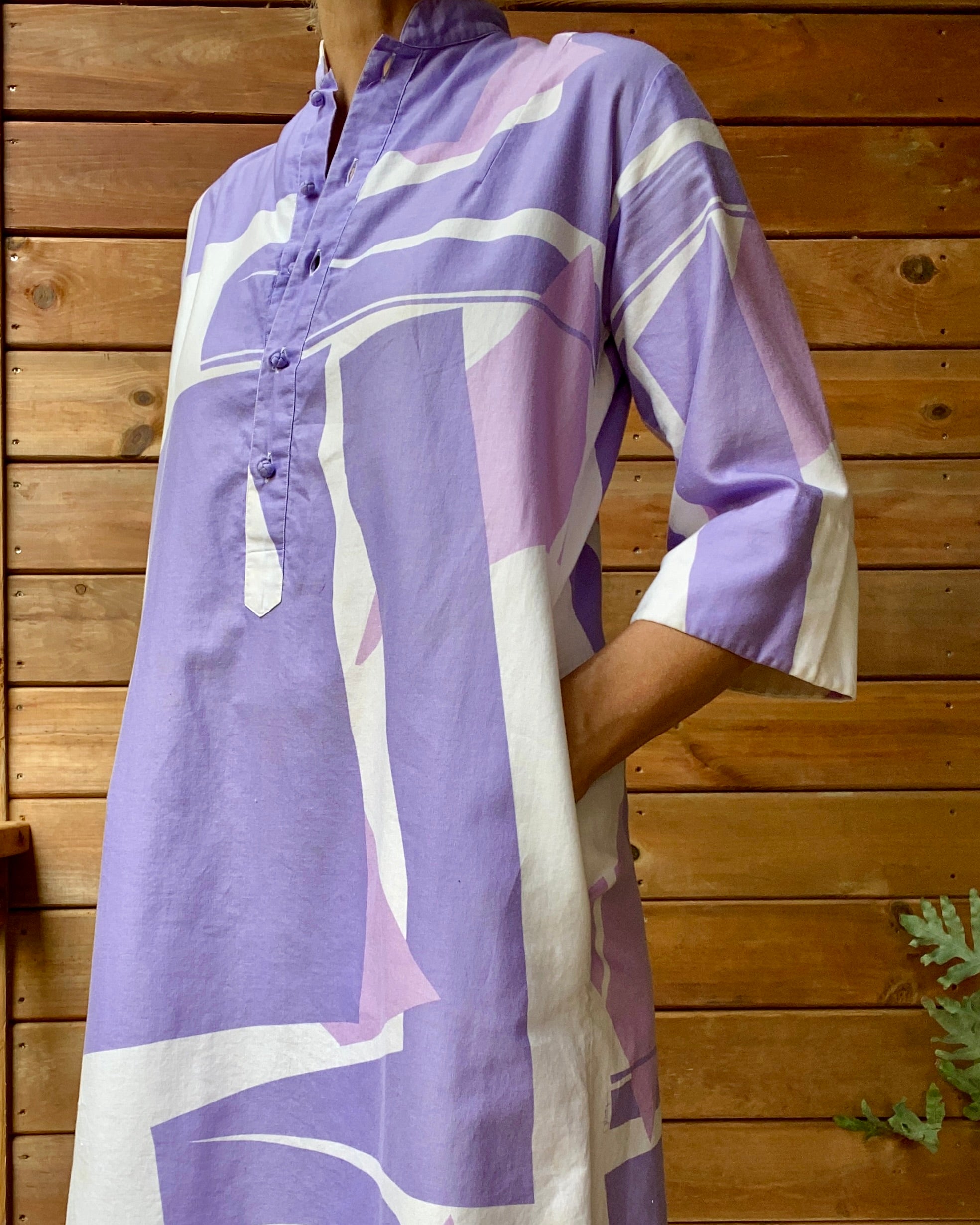 Vintage Catherine Ogust for Penthouse Gallery "Forever Dress" Abstract Geometric Pastels Purple Cotton Dress Tunic Caftan M L