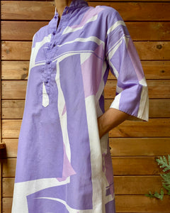 Vintage Catherine Ogust for Penthouse Gallery "Forever Dress" Abstract Geometric Pastels Purple Cotton Dress Tunic Caftan M L
