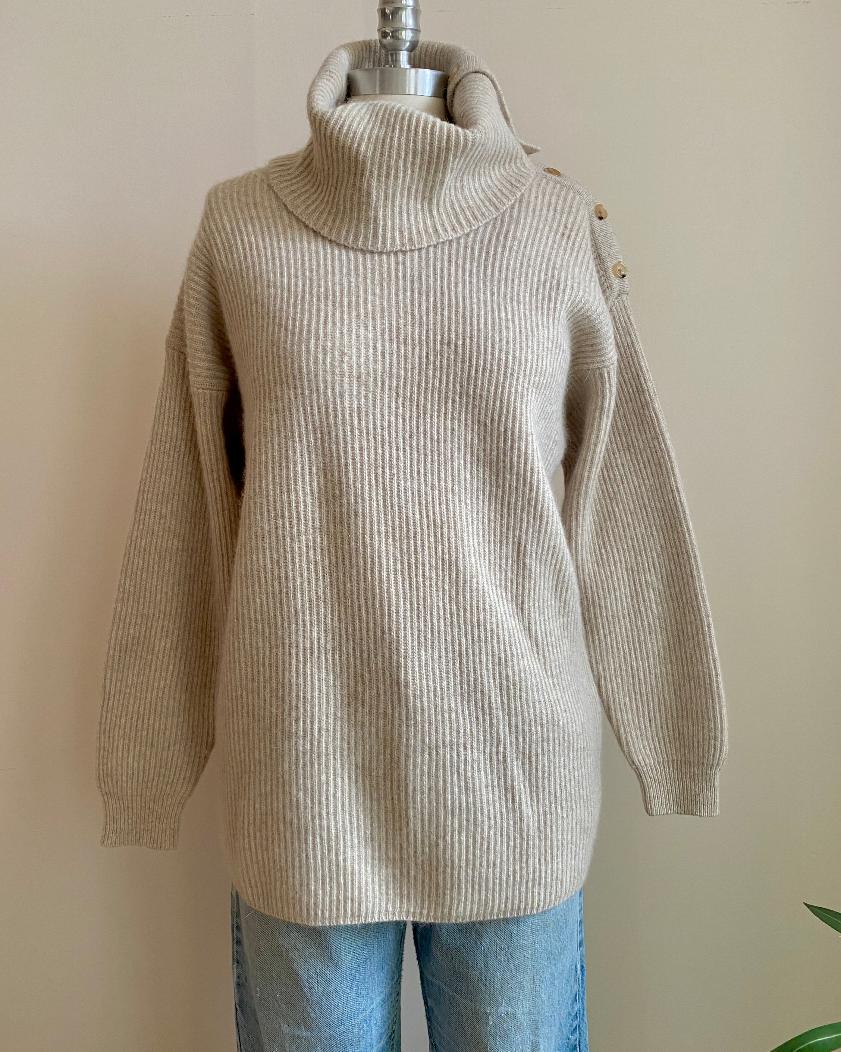 Vintage 1990s Casual Corner Tan Marle Rib Wool Angora Blend Turtleneck with Buttons Sweater M