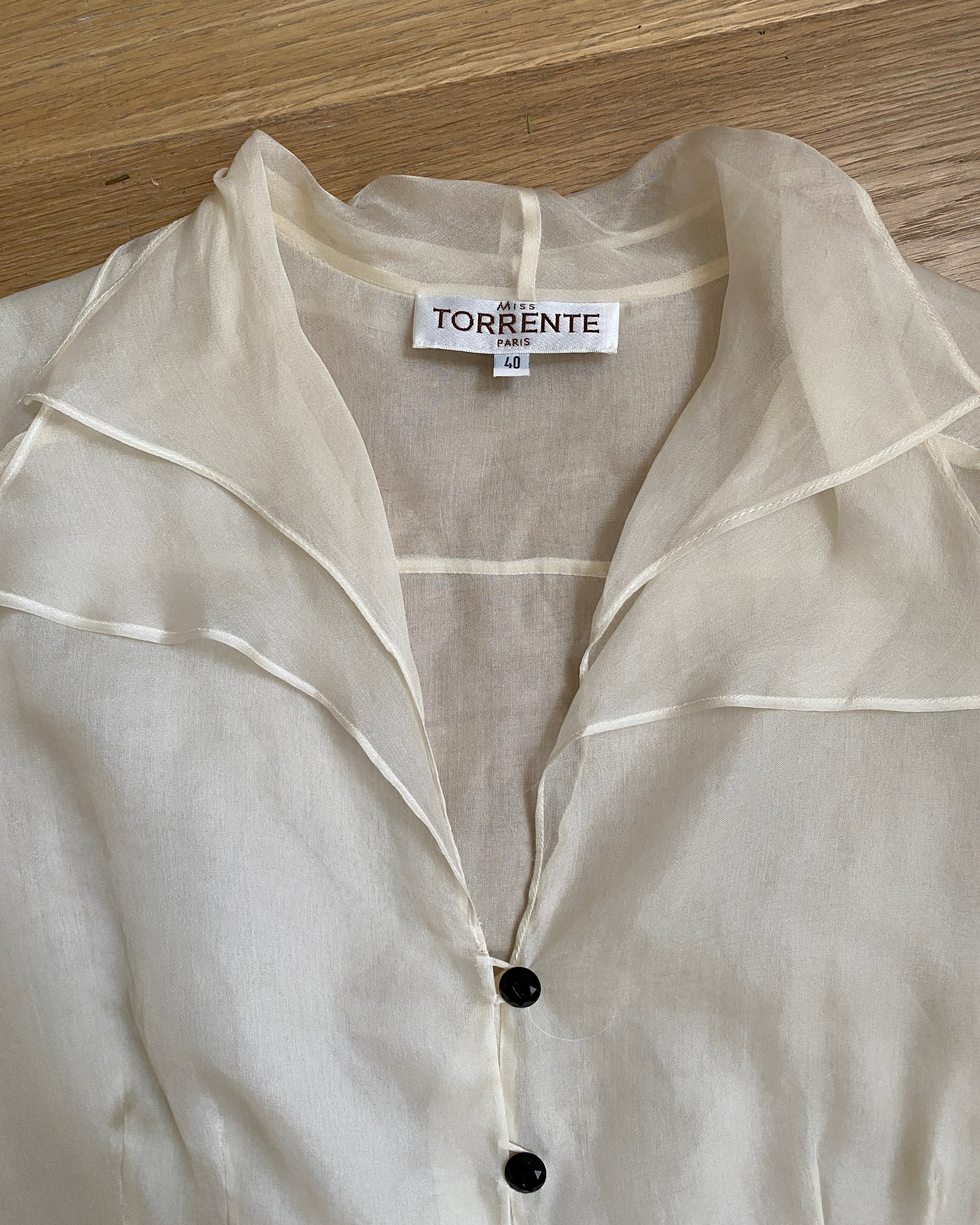 Vintage 1990s MISS TORRENTE Sheer Ivory 100% Silk Organza Blouse With gathered Sleeves 40 M