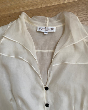 Vintage 1990s MISS TORRENTE Sheer Ivory 100% Silk Organza Blouse With gathered Sleeves 40 M