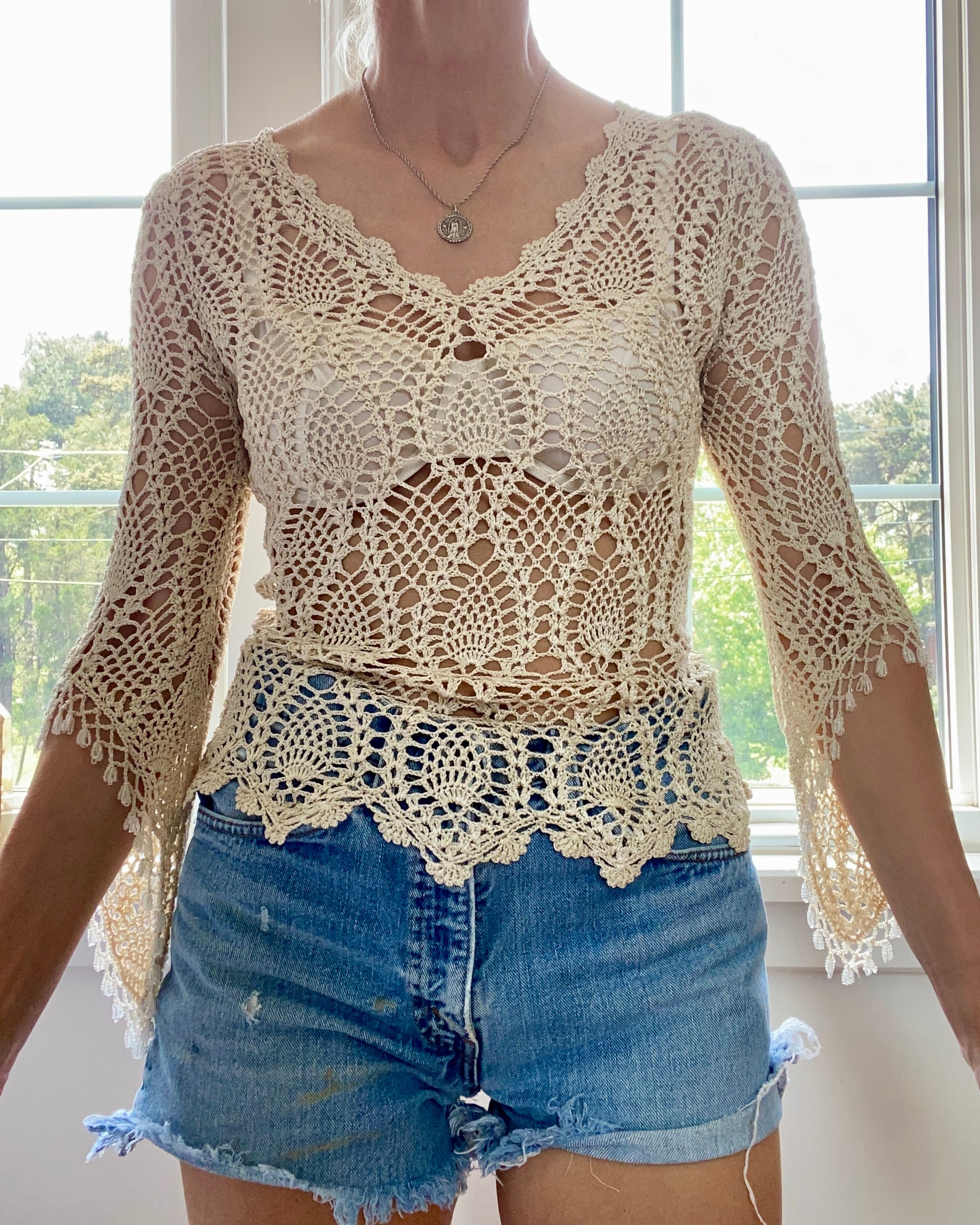 VINTAGE Tan Crochet Beaded Top