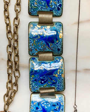 Vintage Mid Century Modernist Blue Enamel Brass Necklace and Bracelet Set