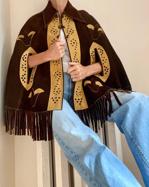 Vintage 1960s Suede Brown Fringe Cape Jacket M 6 8