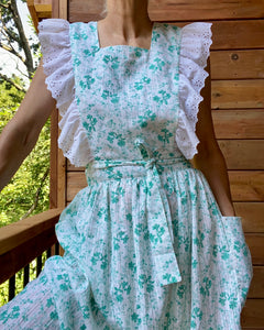 Vintage Pinafore Green Floral and Eyelet Dress  M L