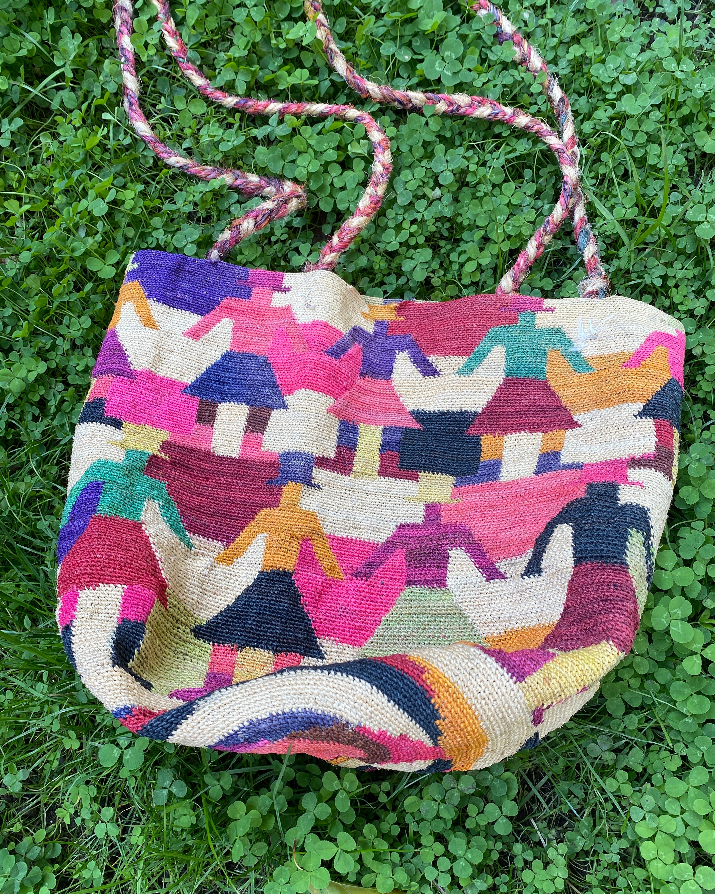 Vintage Handmade Sisal Tote Bag Dolls