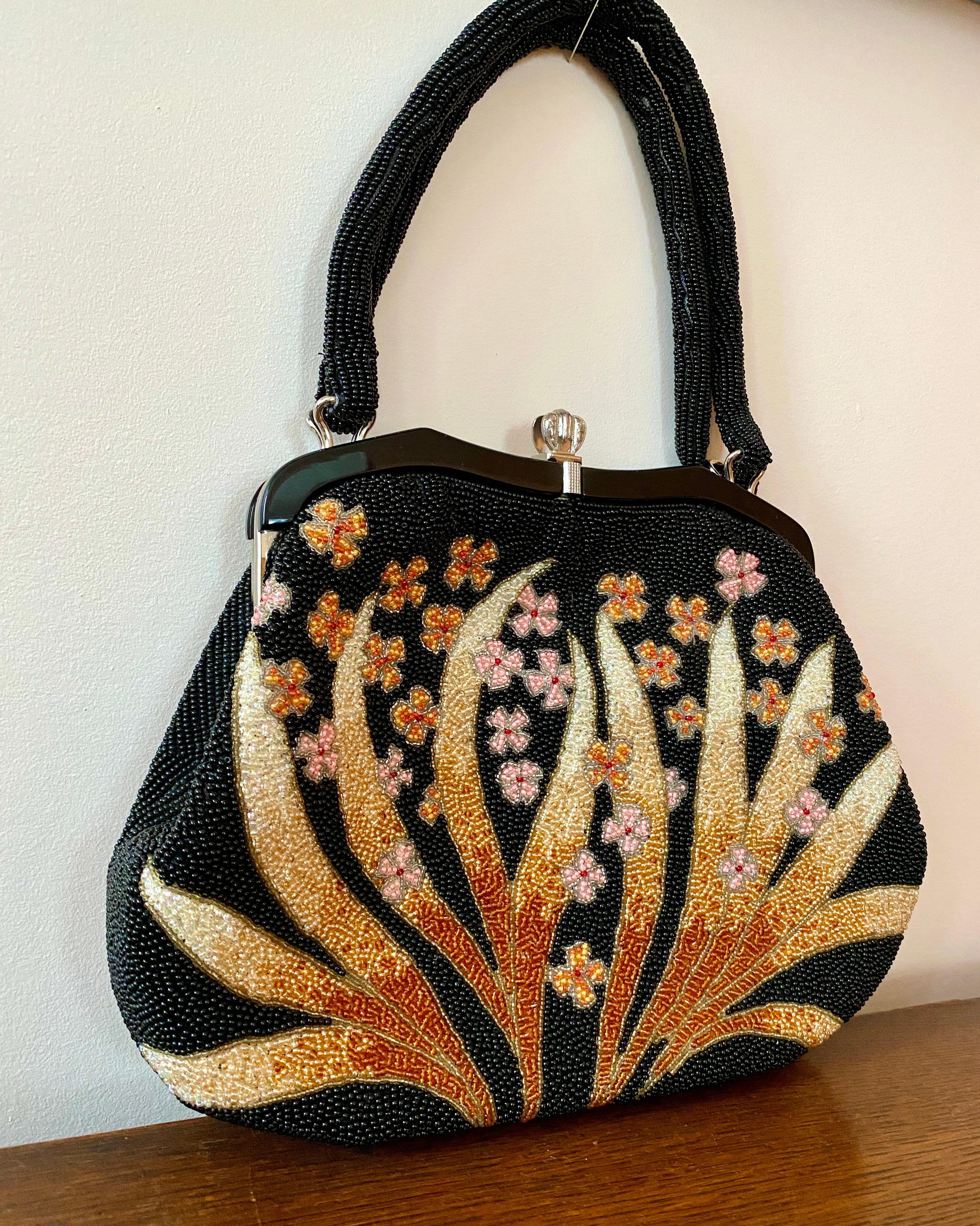 Vintage 1950s Fine Hand Beaded Black Handbag with Flower and Leaf Pattern Mint Condition