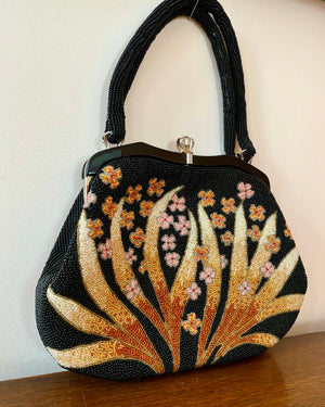 Vintage 1950s Fine Hand Beaded Black Handbag with Flower and Leaf Pattern Mint Condition