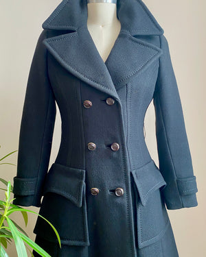 Vintage 1960s Black Crepe Wool Double Breasted Waisted Wasp Coat with Saddle Stitch XS