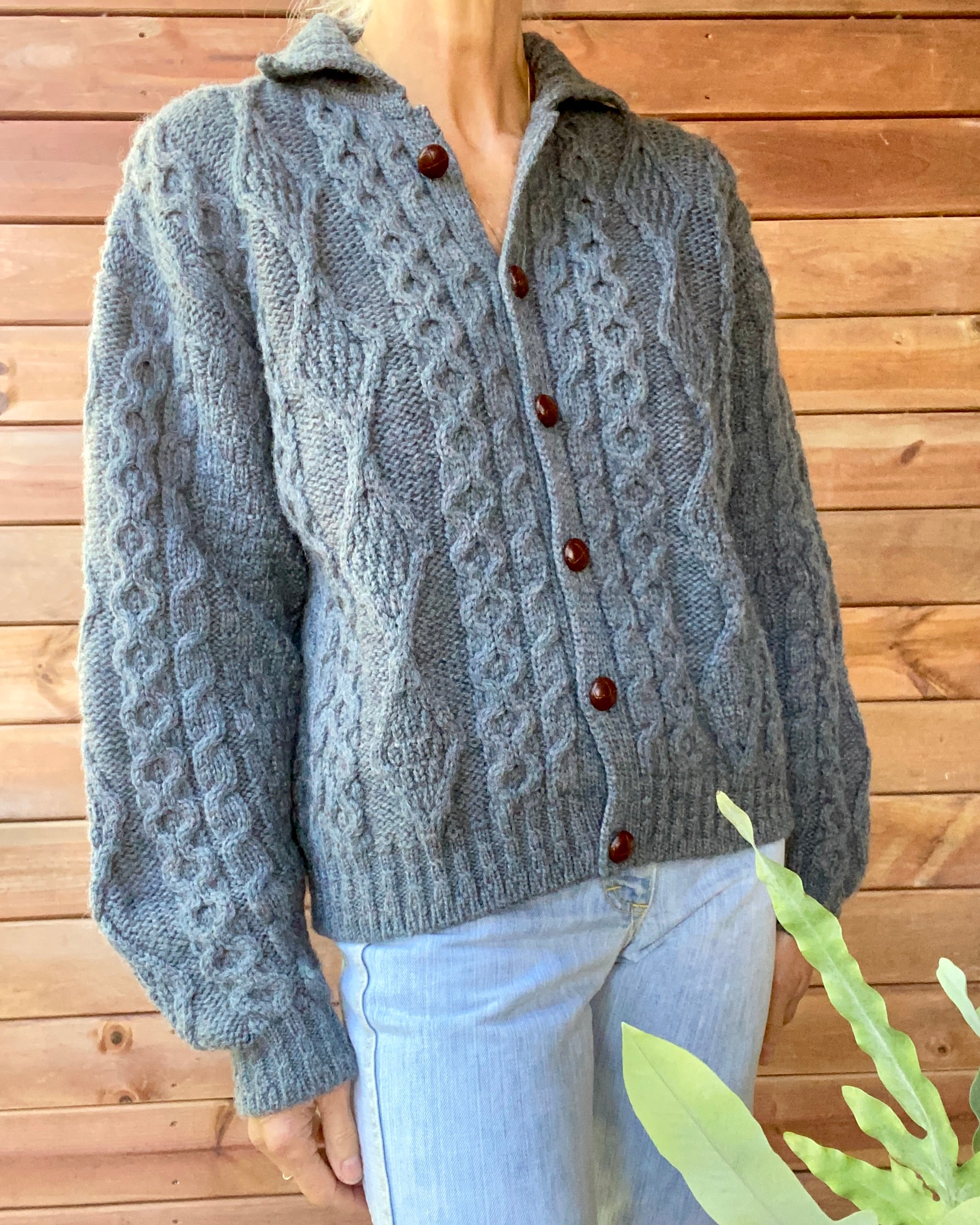 VINTAGE LLBEAN Blue Fisherman Cable Wool Cardigan Made in Ireland M L
