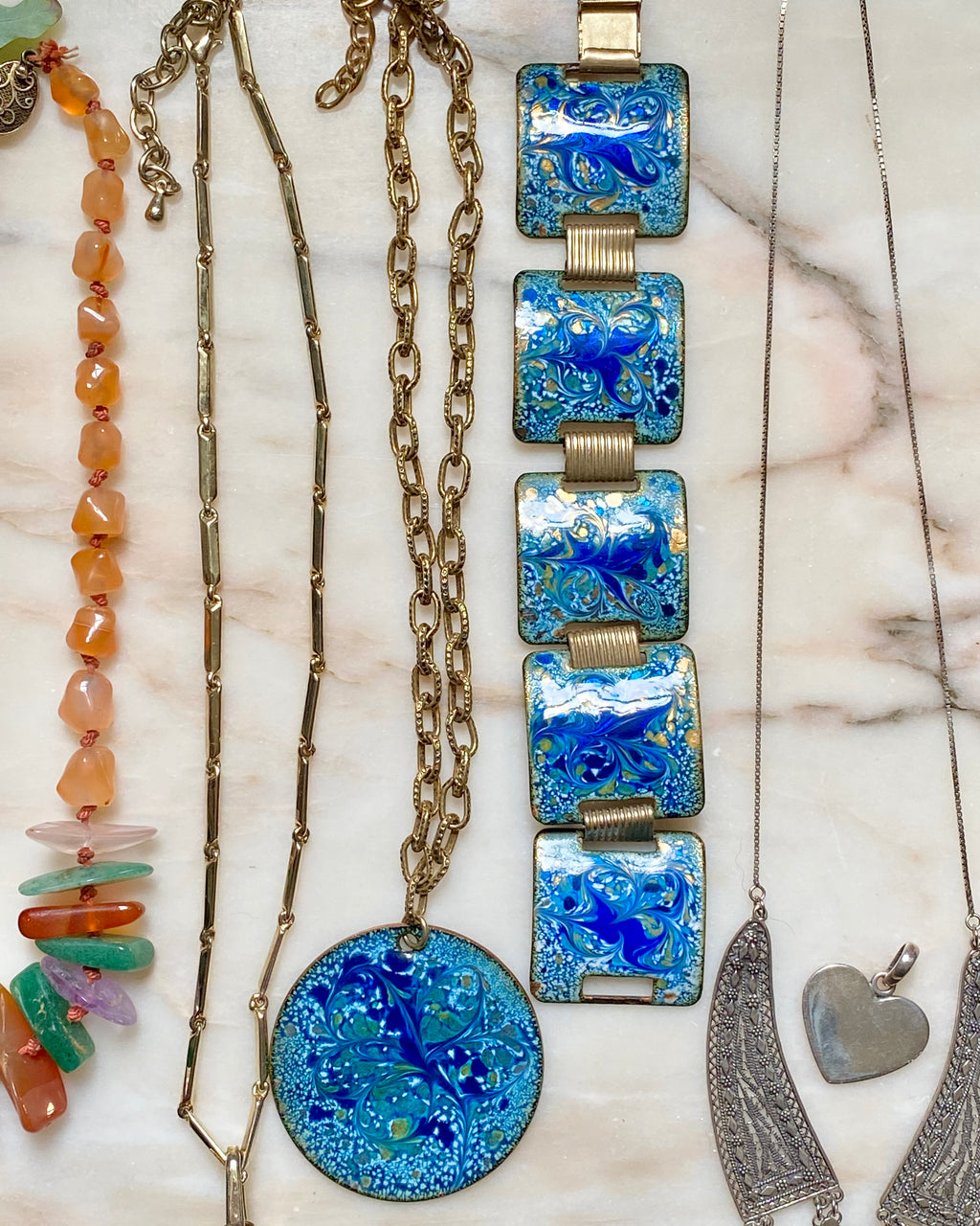 Vintage Mid Century Modernist Blue Enamel Brass Necklace and Bracelet Set