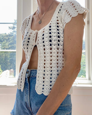 VINTAGE Cream Cotton Crochet Cap Sleeve Cardi