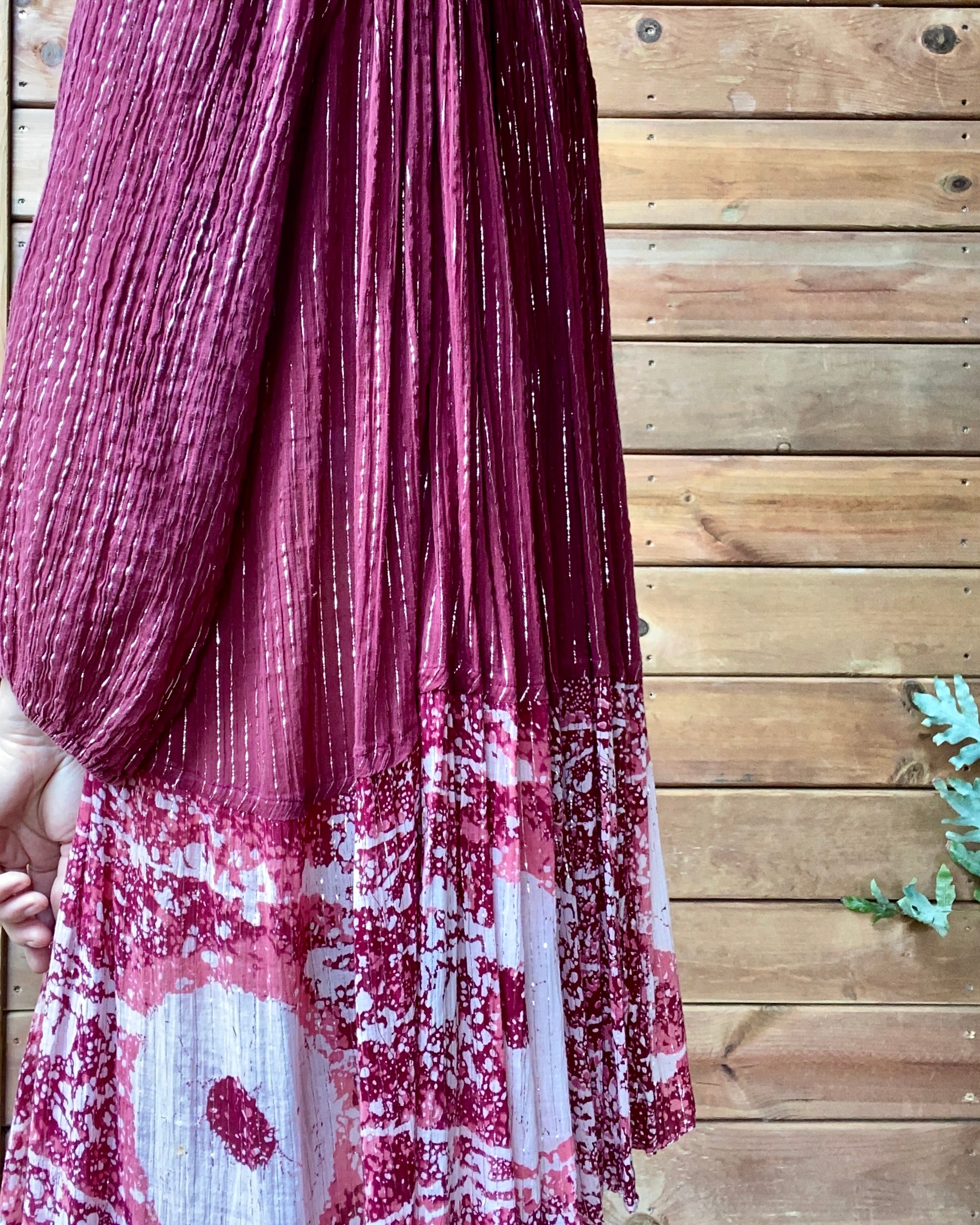 Vintage 1970s PARADIS Indian Cotton Gauze Cherry Red Batik and Lurex Dress