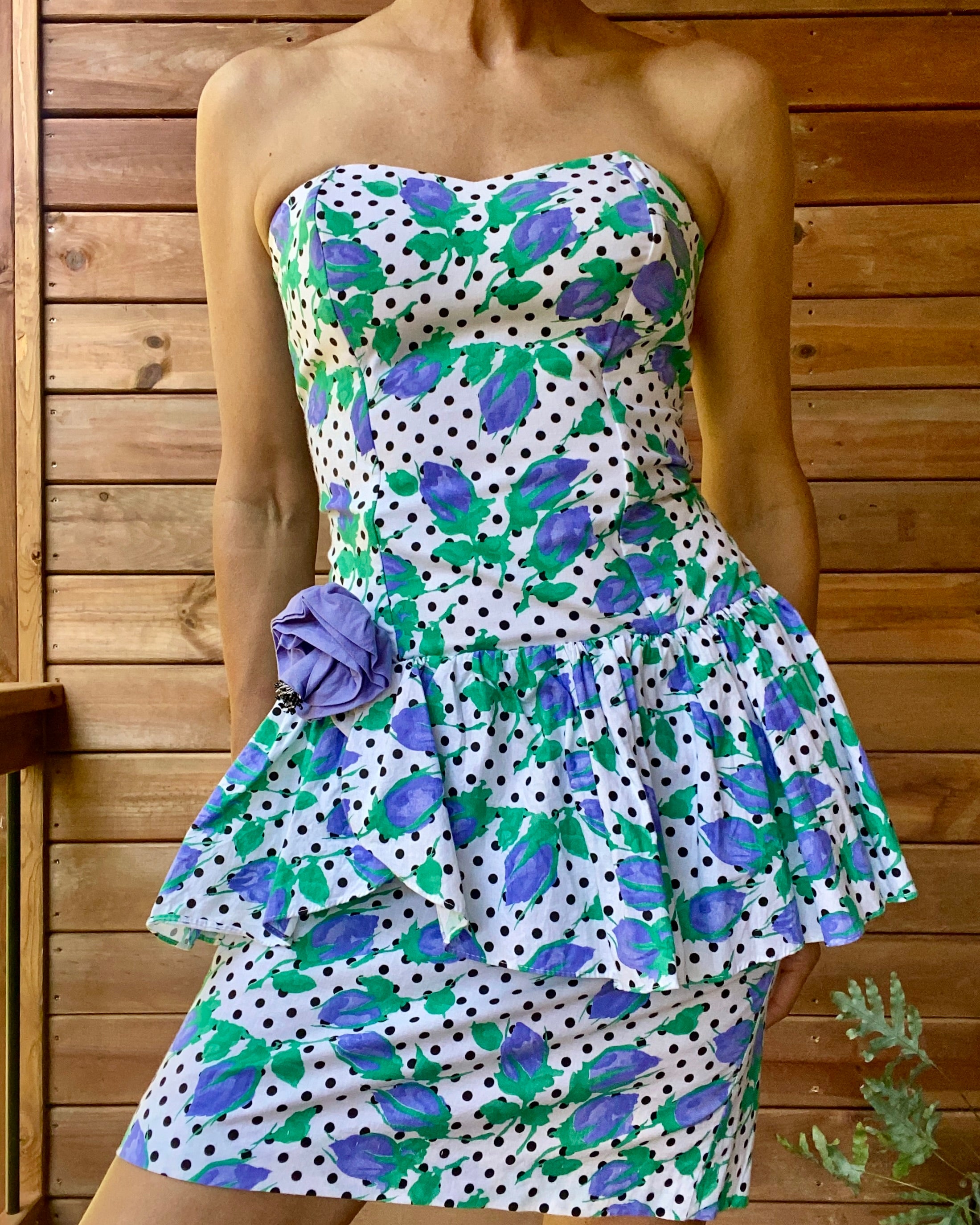 Vintage 1980s Cotton Polka Dot With Purple Rose Print Bustier Dress and Ruffle Peplum - Union Made ILGWU in USA Size M