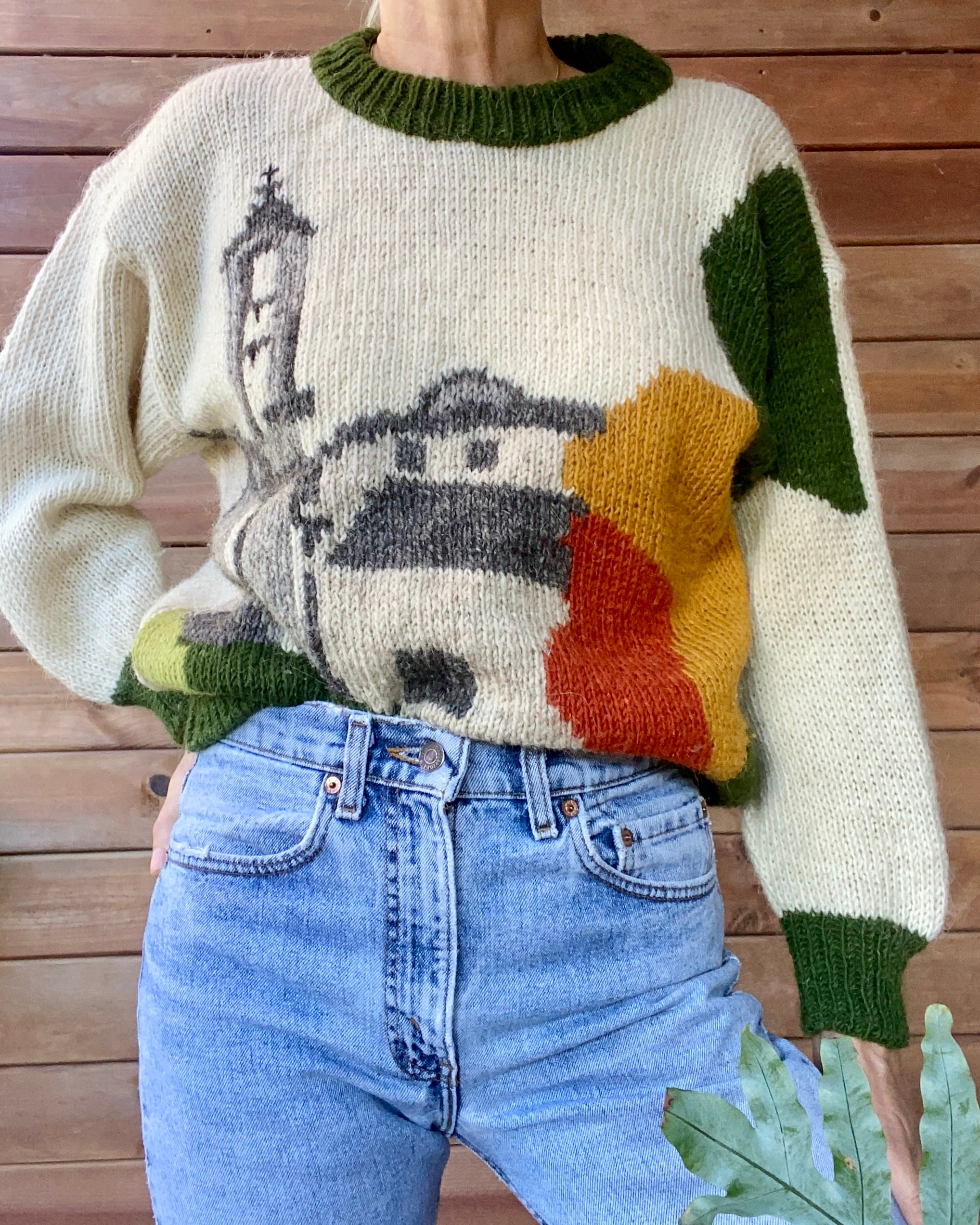 Vintage 1990s LANA CORSA Wool Scenic Country Village Landscape Folk Sweater Made in France M