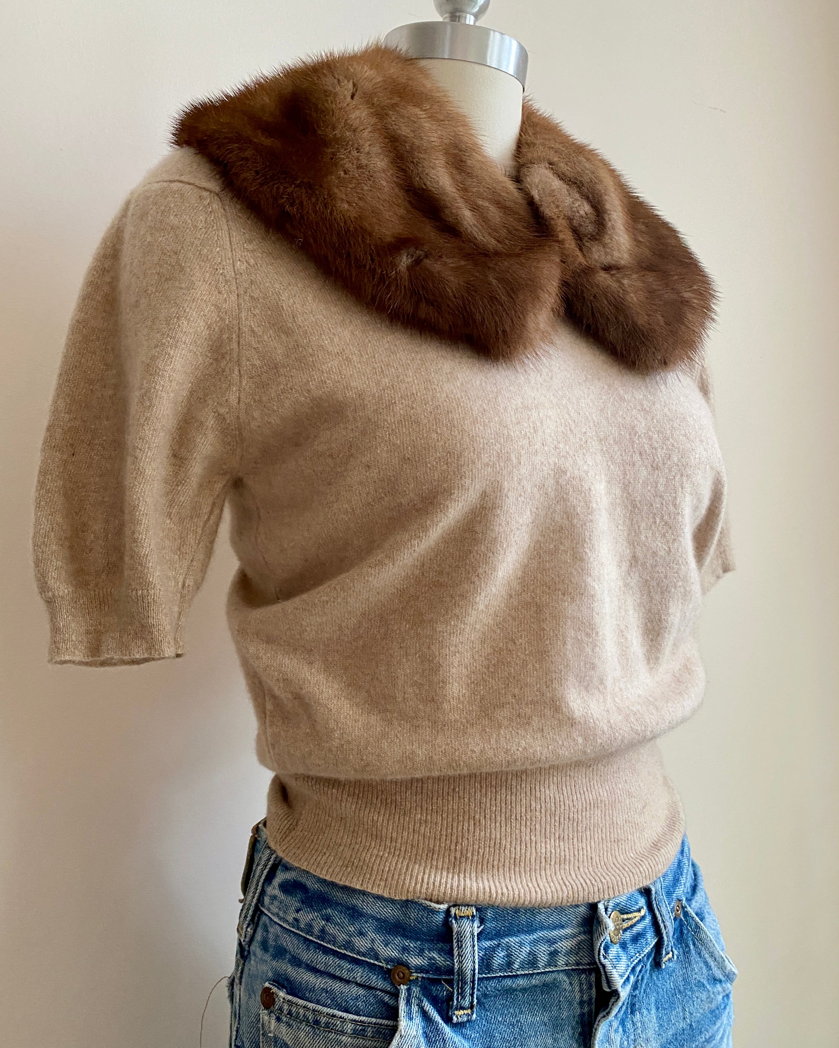 Vintage 1950s Tan 100% Cashmere Short Sleeve Sweater Made in Scotland S
