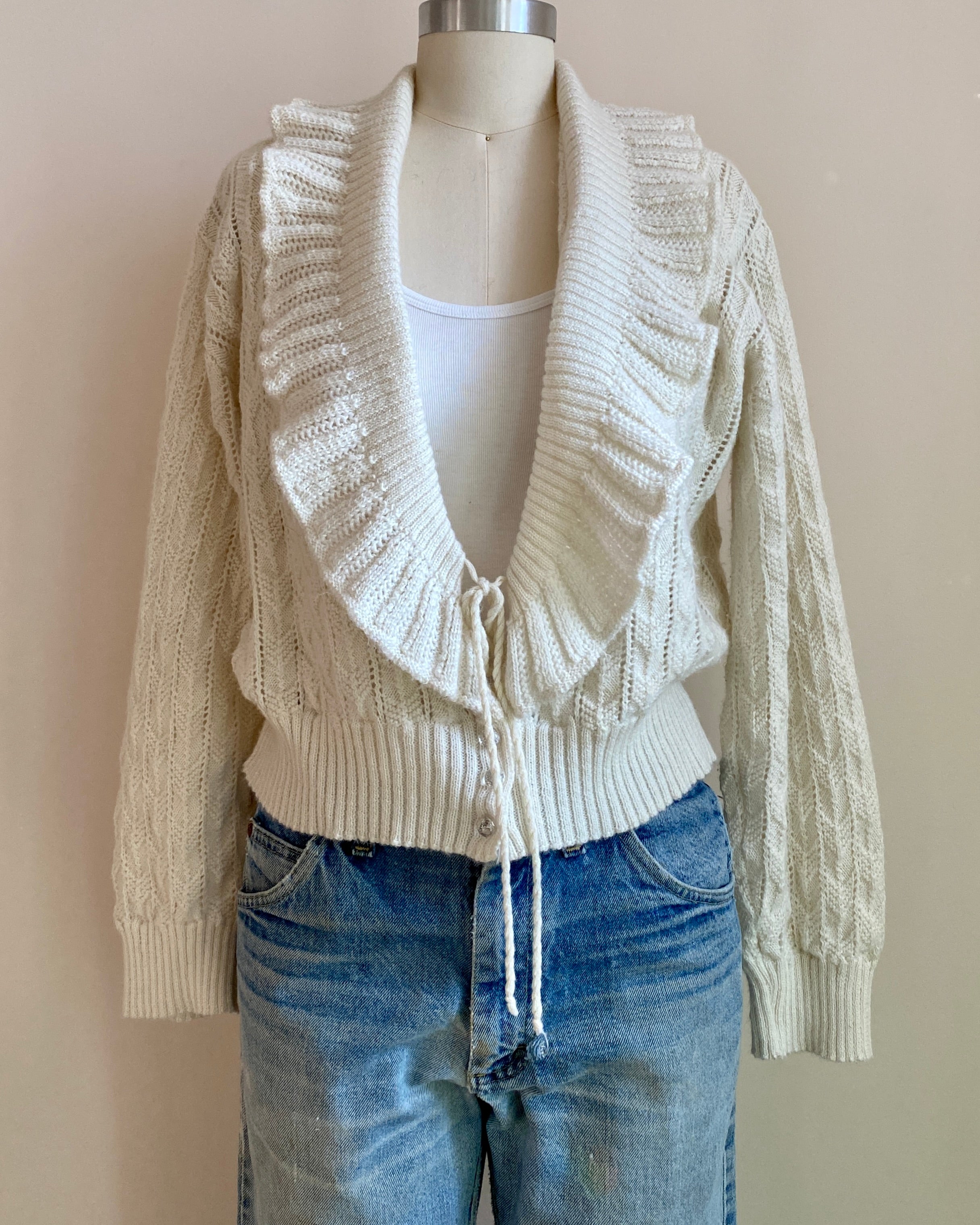 Vintage 1950s Handknit Ivory Pointelle Shawl Collar Cardigan Bed Jacket Sweater M