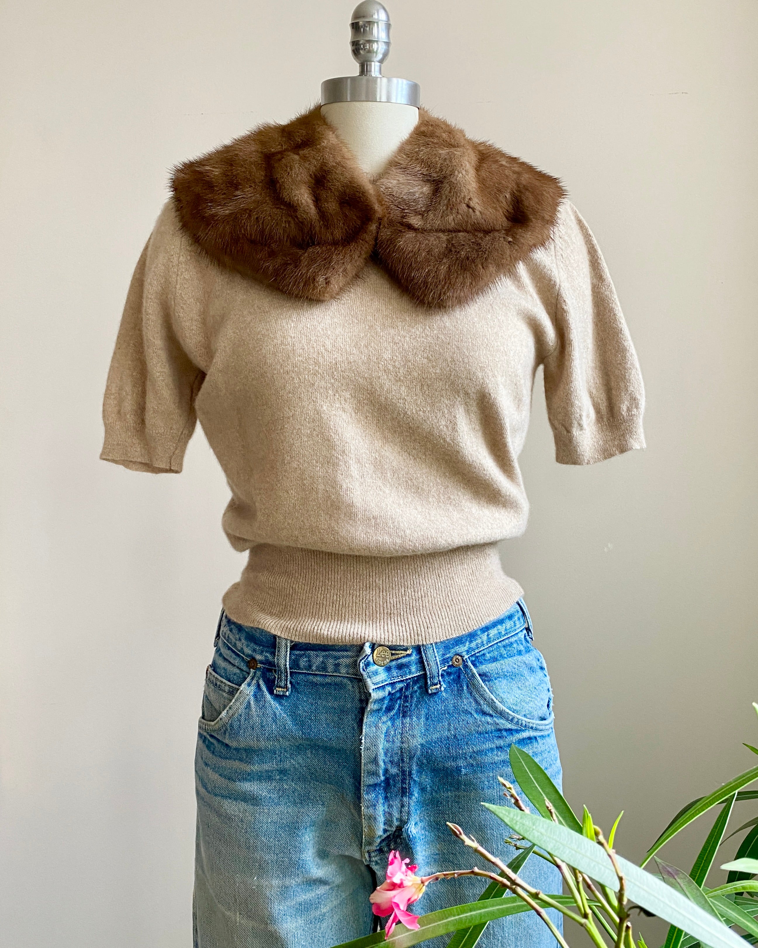 Vintage 1950s Tan 100% Cashmere Short Sleeve Sweater Made in Scotland S