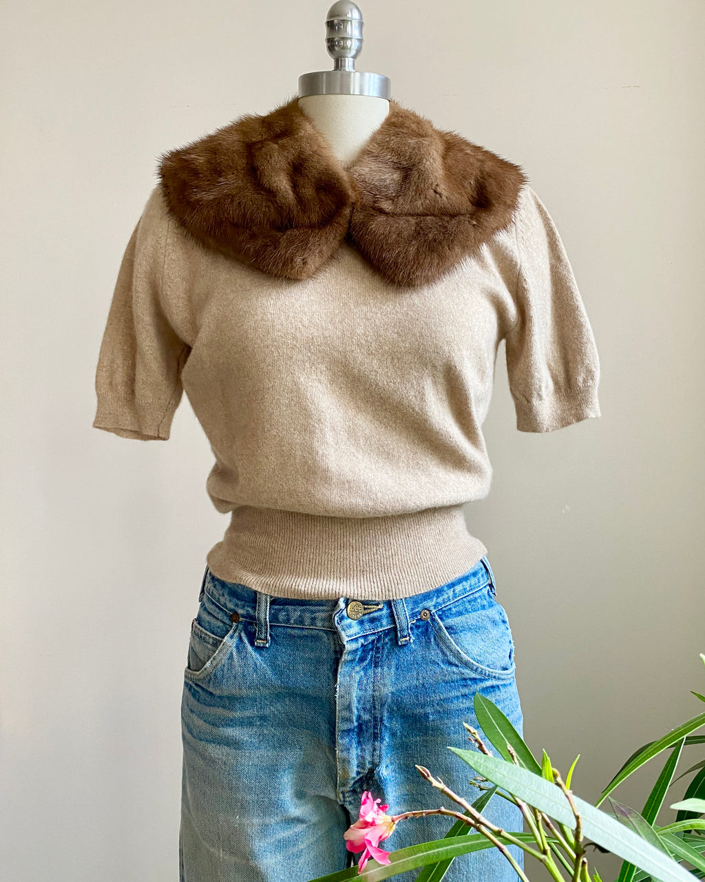 Vintage 1950s Tan 100% Cashmere Short Sleeve Sweater Made in Scotland S
