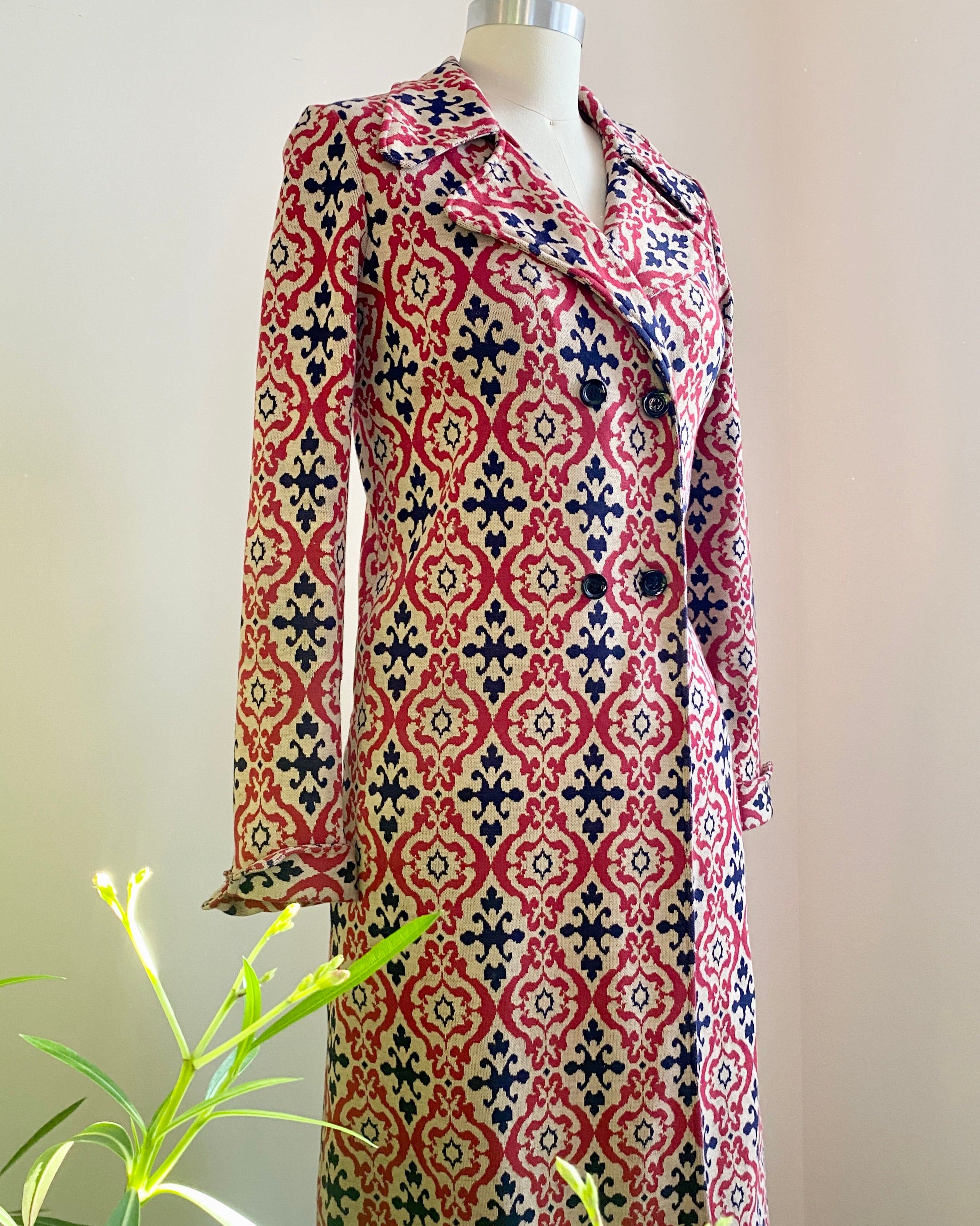 Vintage 1970s FABRICE DELFIEU PARIS Double Knit Tile Print Coat Dress Jacket S