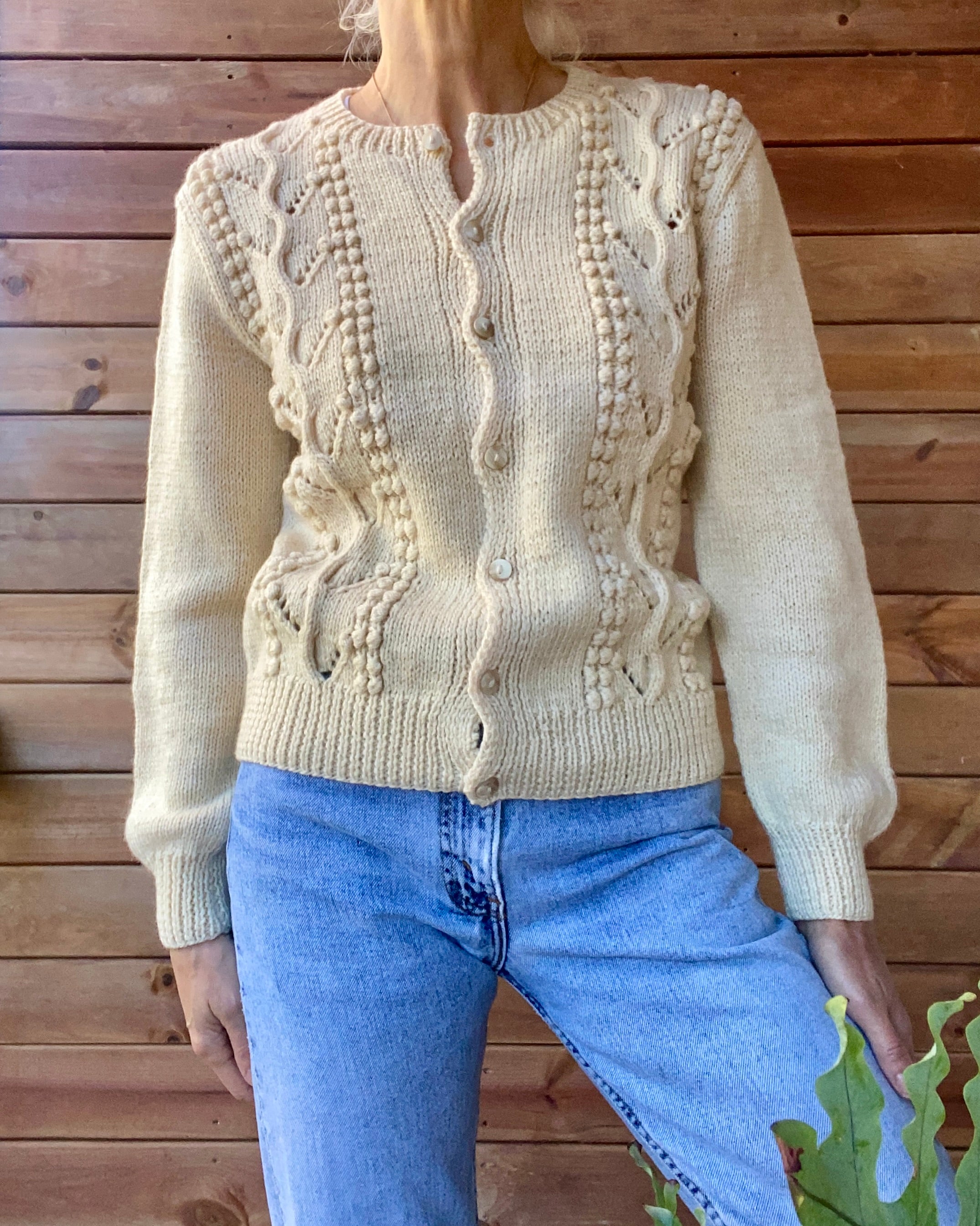 Vintage Handknit Cream Pointelle Cable Sweater Cardigan M