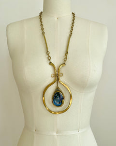 Vintage 1970s Rafael Alfandary Modernist Brass Pendant Necklace with Large Blue Iridescent Cabochon and fabulous link Chain made in Canada