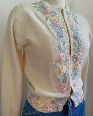 Vintage 1950s Hand Beaded Angora Wool Cardigan Hong Kong S