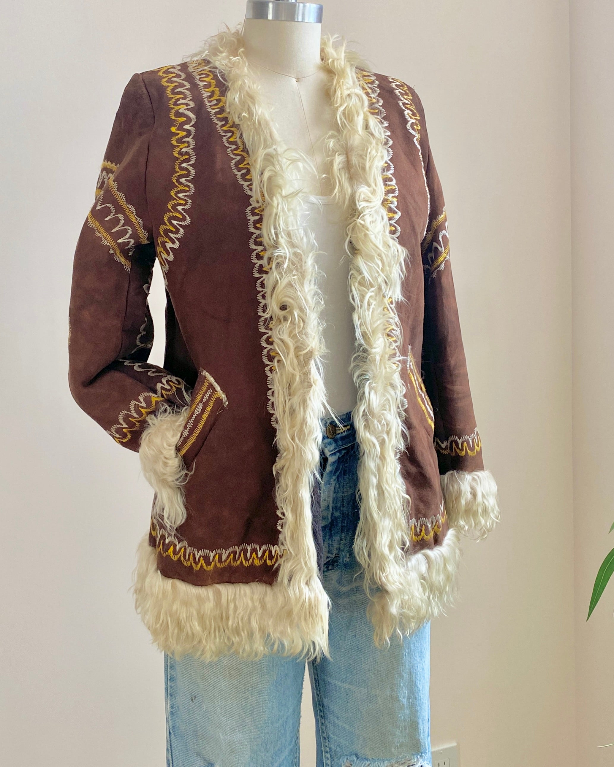 Vintage 1960s Afghan Shearling Suede Brown Penny Lane Coat Jacket with Silk Embroidery XS Janis Joplin Jimmy Hendrix Style