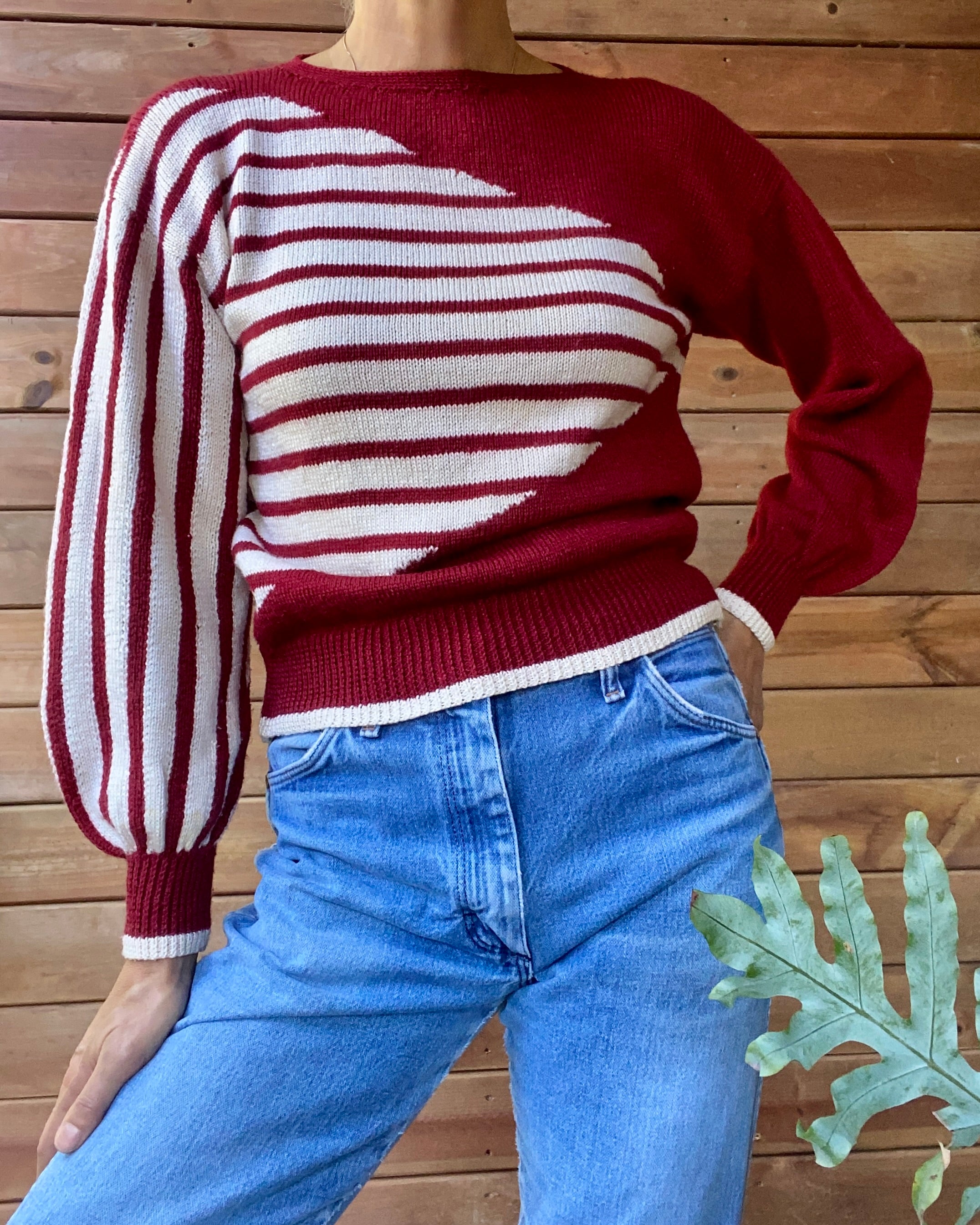 Vintage 1970s Fine Knit Red Stripe Sweater with Bell Sleeves S