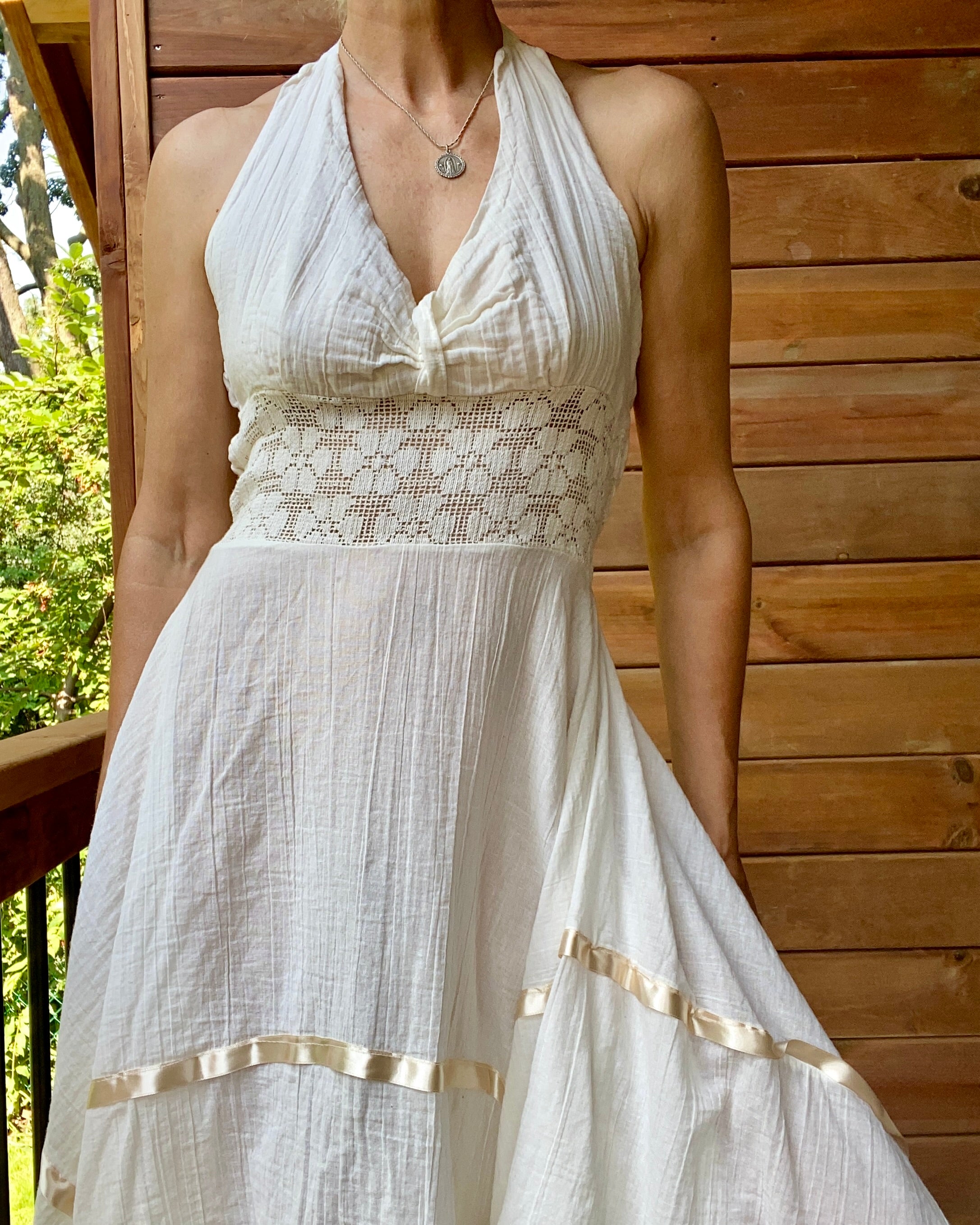 Vintage Mexican Cream Cotton Gauze With Crochet and Ribbon Handkerchief Halter Dress L