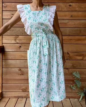 Vintage Pinafore Green Floral and Eyelet Dress  M L