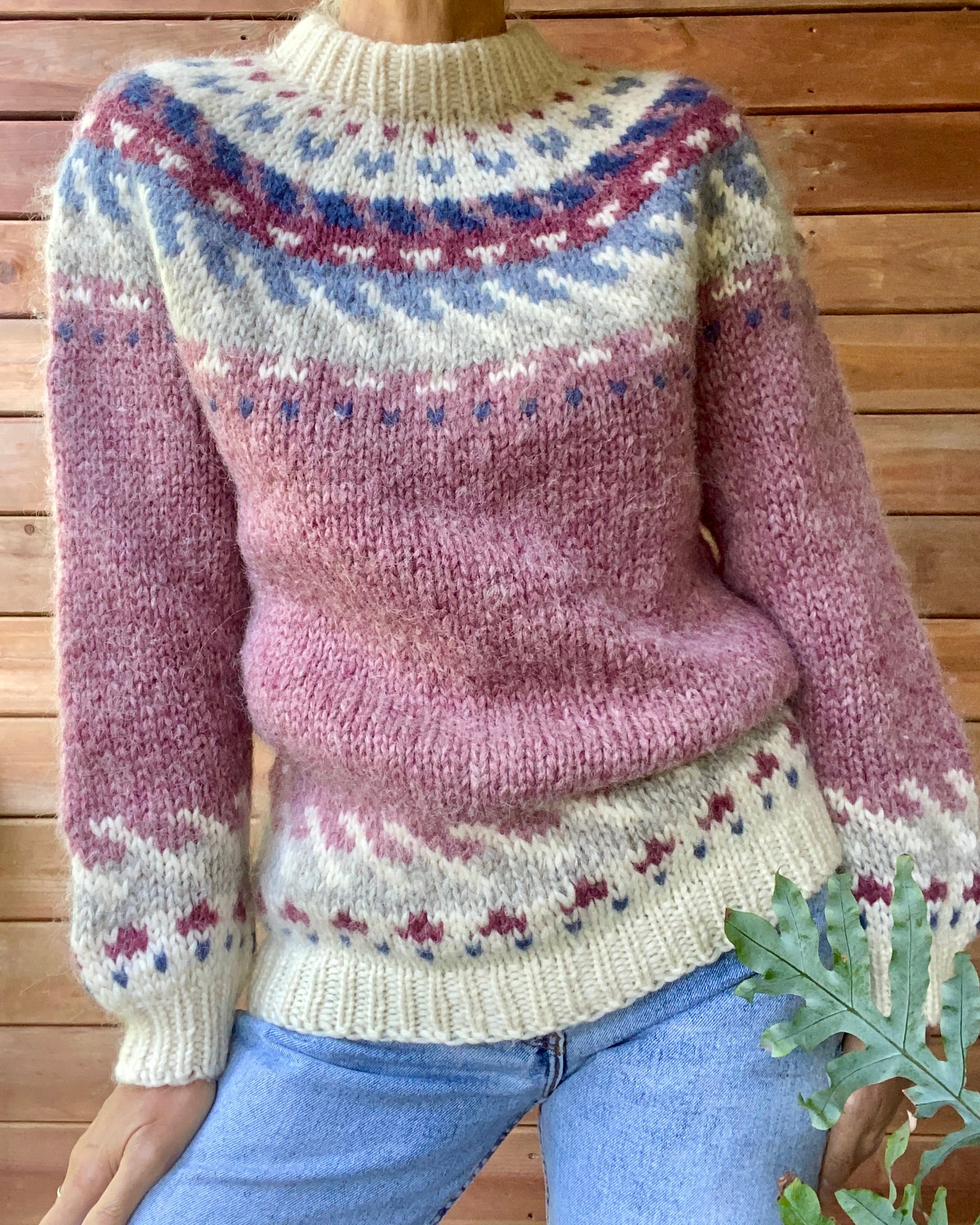 VINTAGE HILDA Ltd. for LLBEAN Icelandic Handknit Pink Fairisle Wool Sweater M L