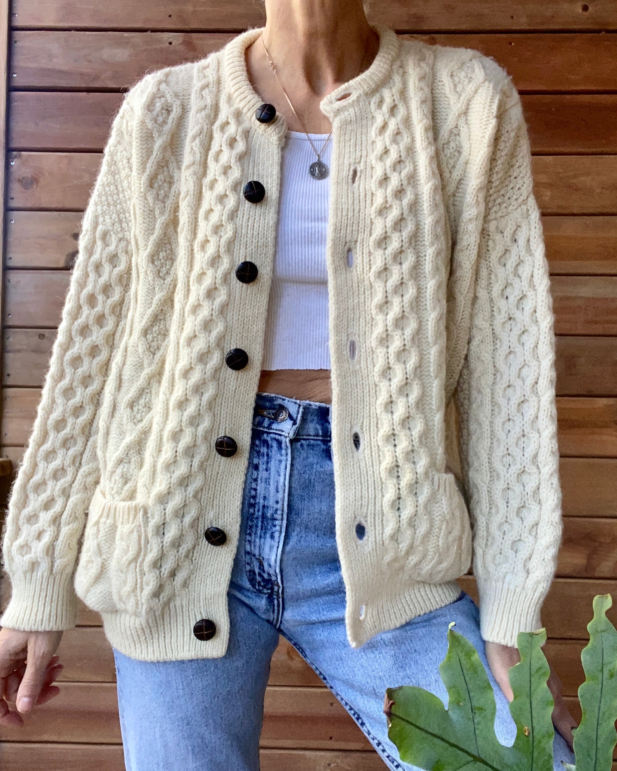 Vintage Handknit Cream Cable Fisherman Sweater Cardigan M