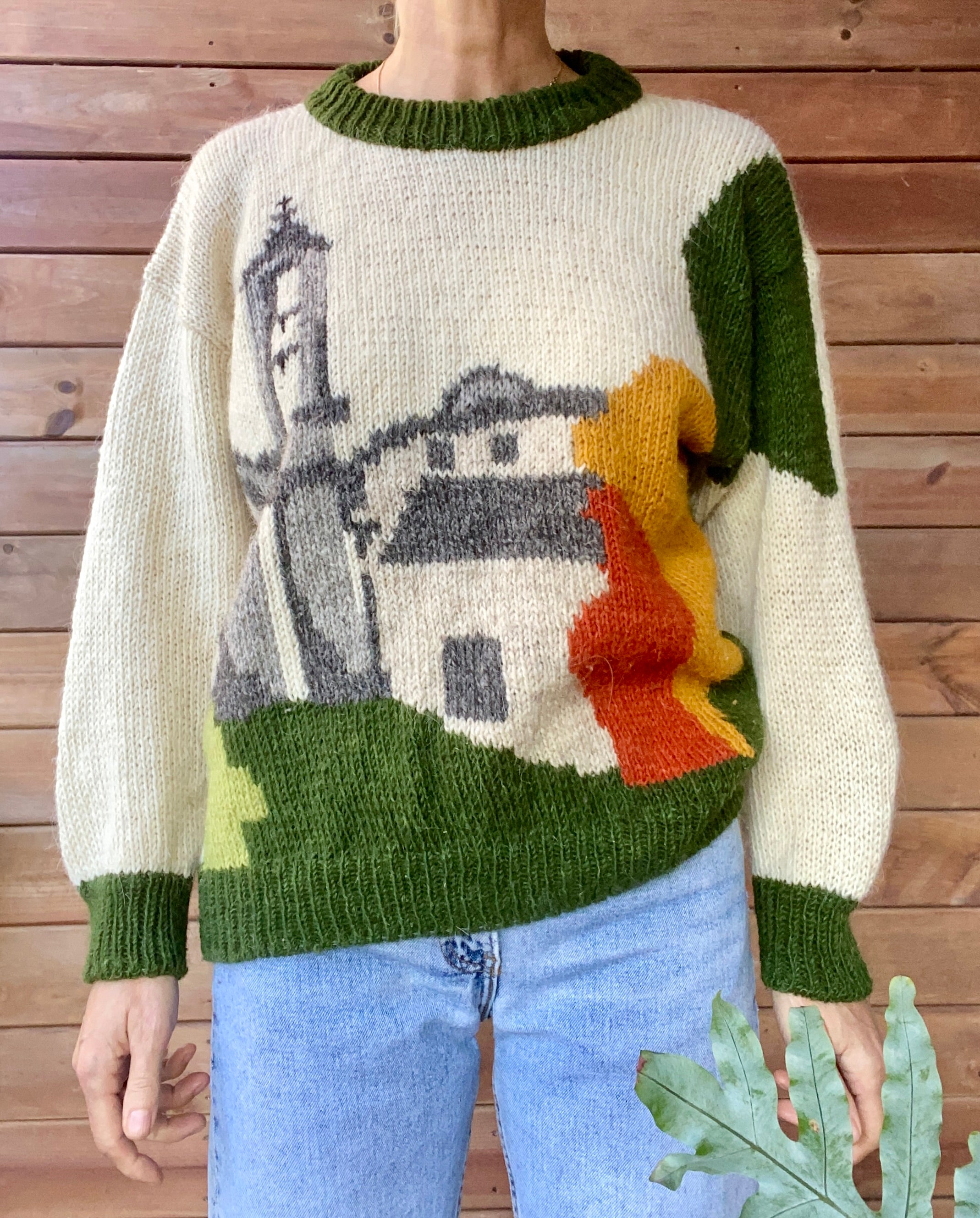 Vintage 1990s LANA CORSA Wool Scenic Country Village Landscape Folk Sweater Made in France M