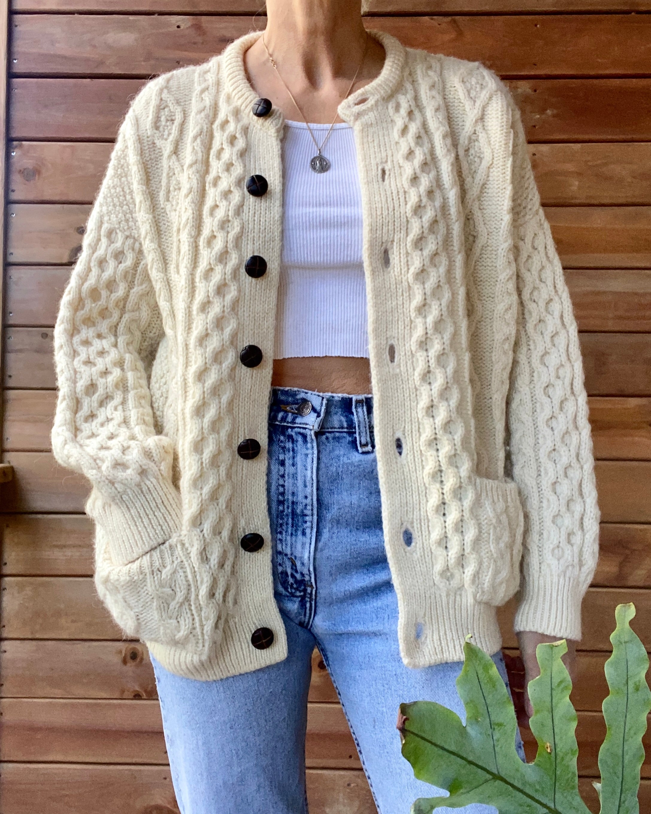 Vintage Handknit Cream Cable Fisherman Sweater Cardigan M