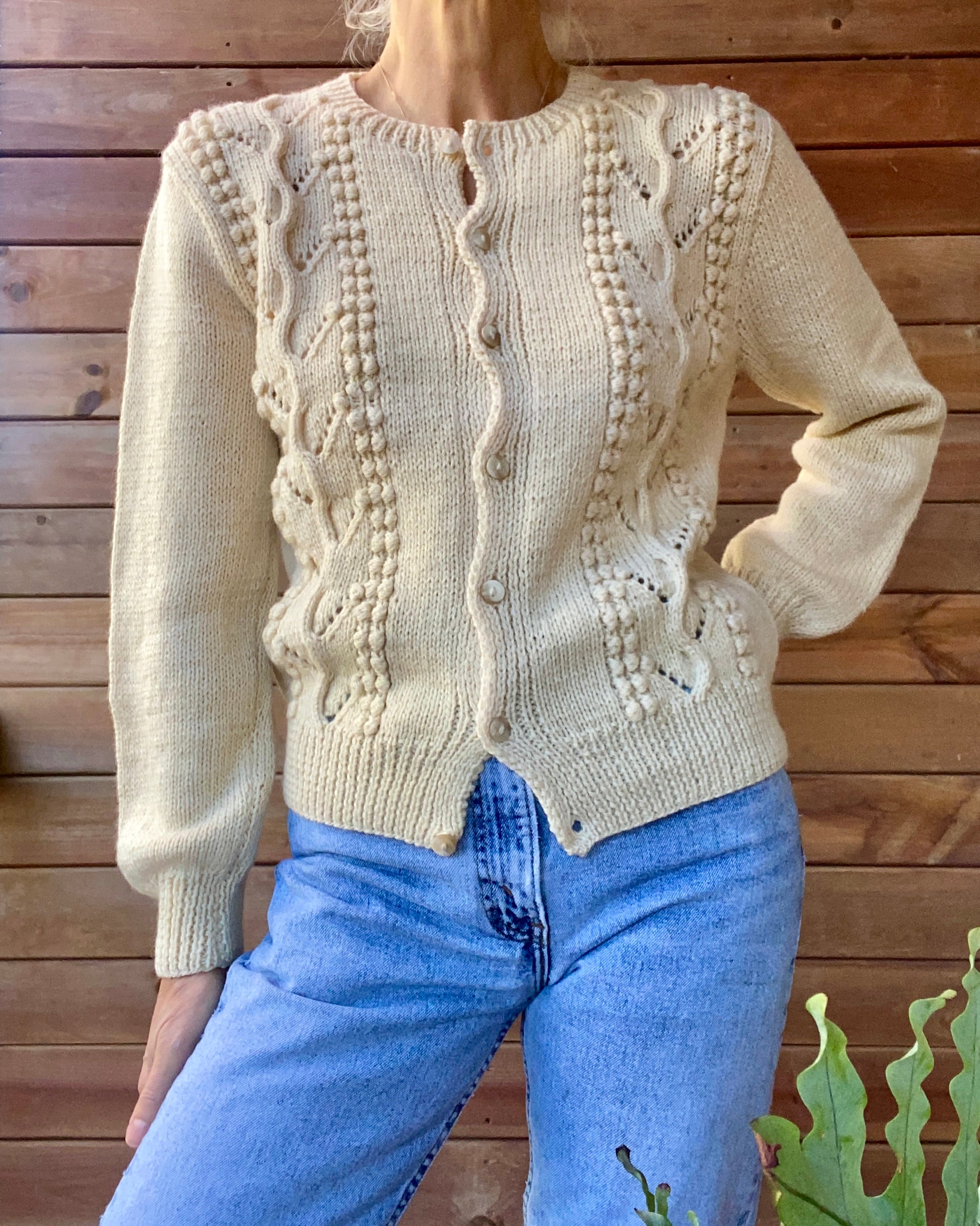 Vintage Handknit Cream Pointelle Cable Sweater Cardigan M