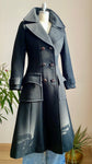 Vintage 1960s Black Crepe Wool Double Breasted Waisted Wasp Coat with Saddle Stitch XS