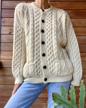 Vintage Handknit Cream Cable Fisherman Sweater Cardigan M