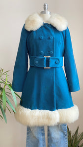 Vintage 1960s COUNTRY PACER Penny Lane Blue Velvet Double Breasted With Shearling Trim Coat Jacket S