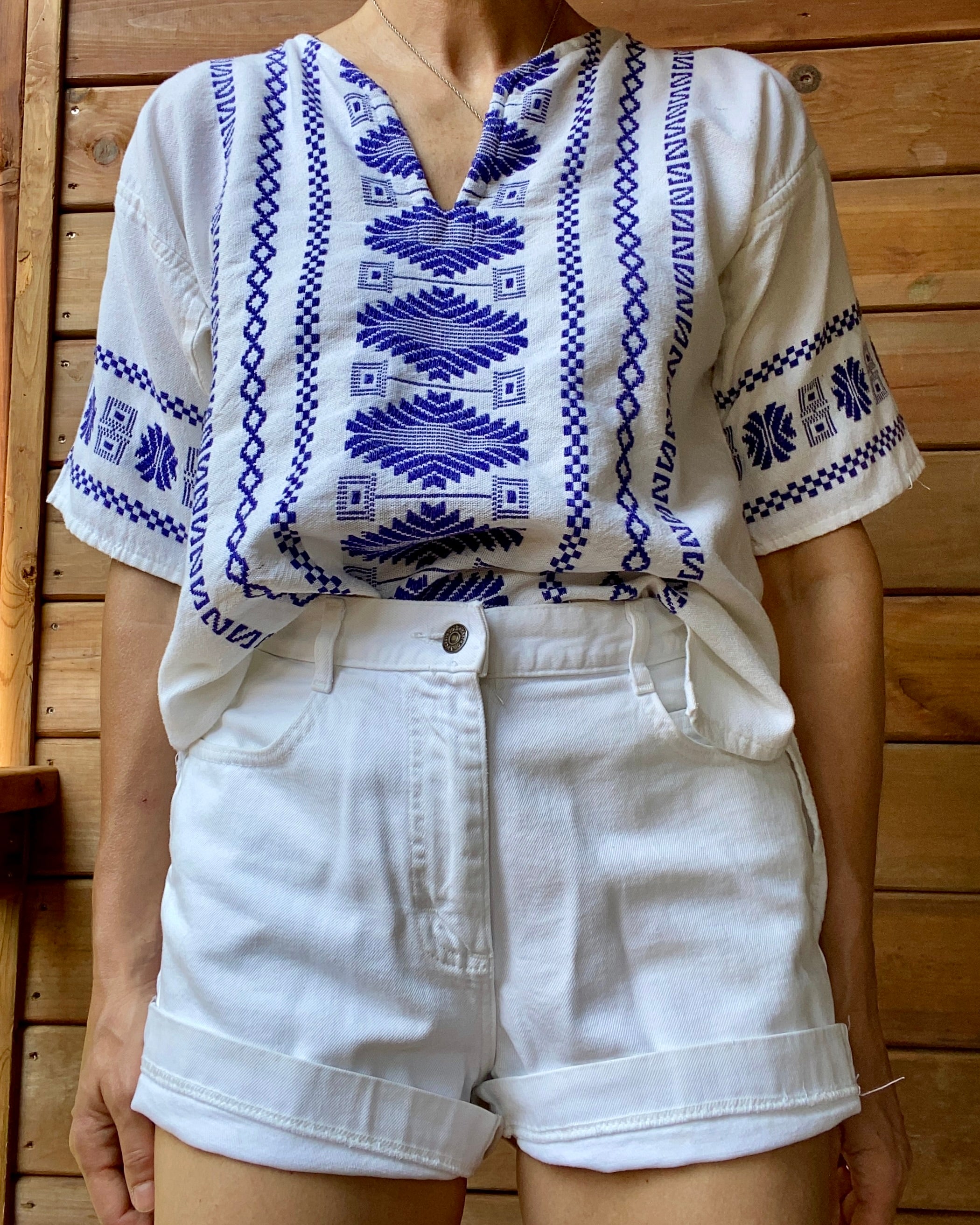 VINTAGE Cotton Guatemalan Grecian Style Embroidered Short Sleeve Surf Tunic Top M L