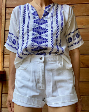 VINTAGE Cotton Guatemalan Grecian Style Embroidered Short Sleeve Surf Tunic Top M L