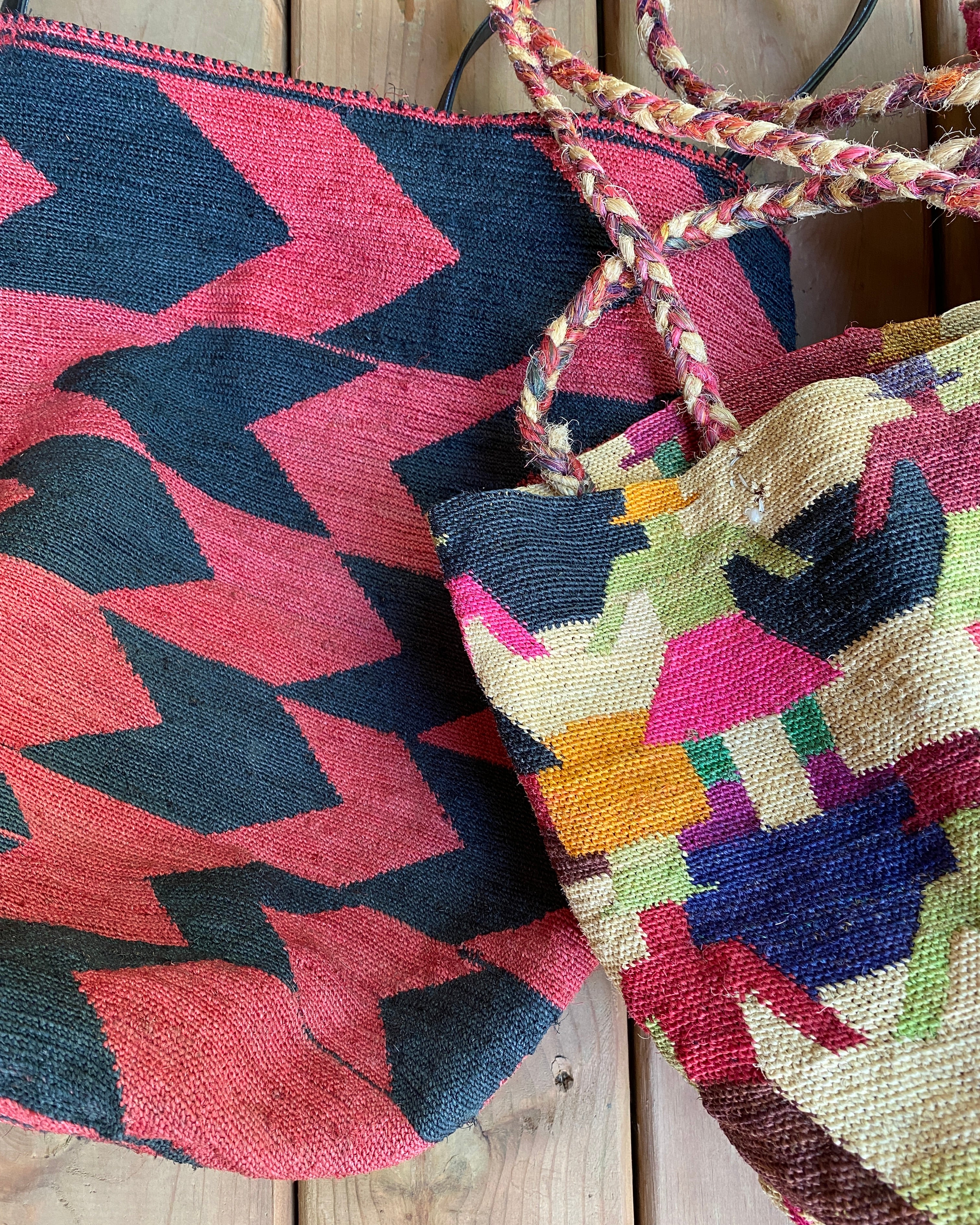 Vintage Handmade African Sisal Tote Bag Red and Black