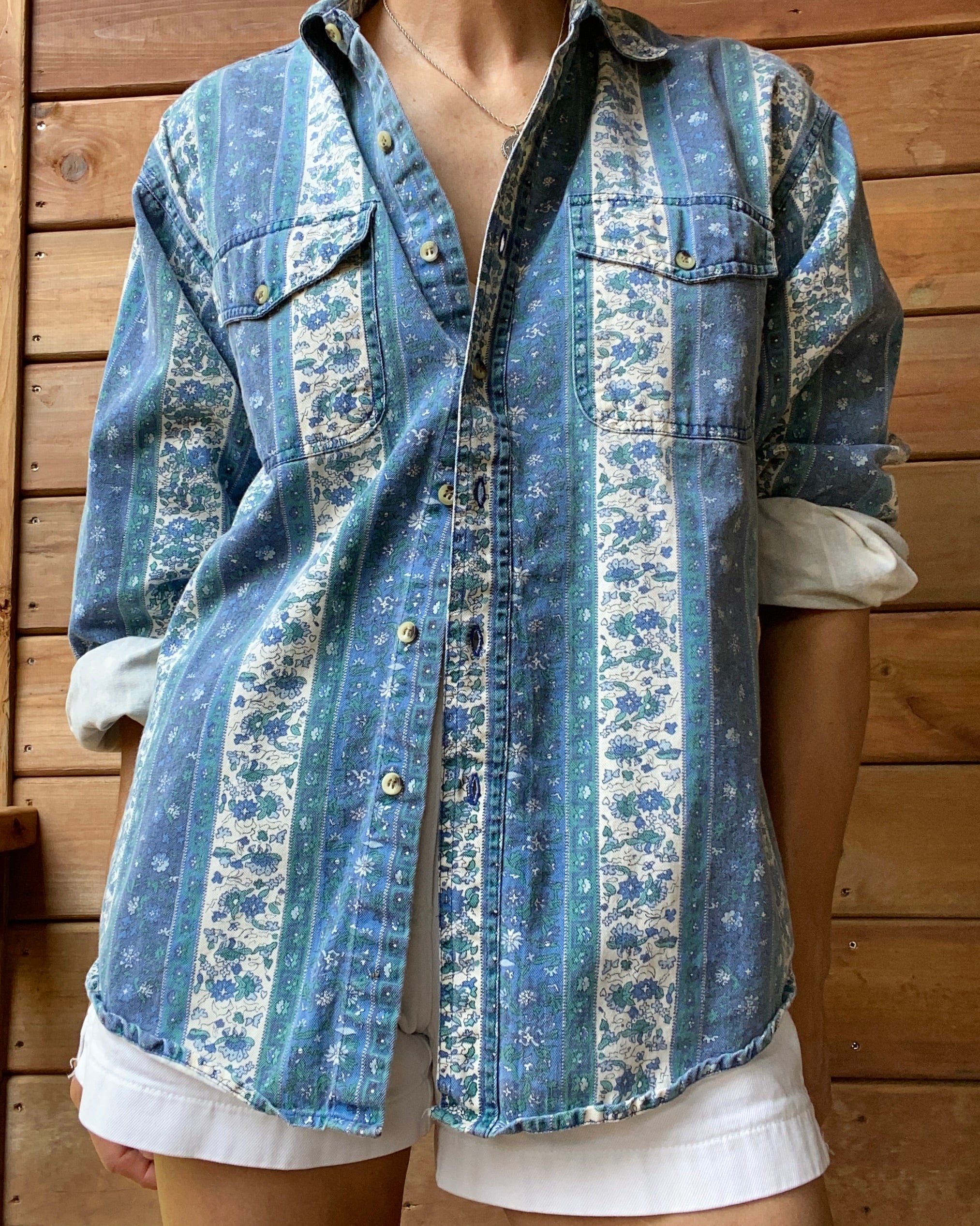 Vintage 1990s Blue Floral Print Twill Shirt size M L