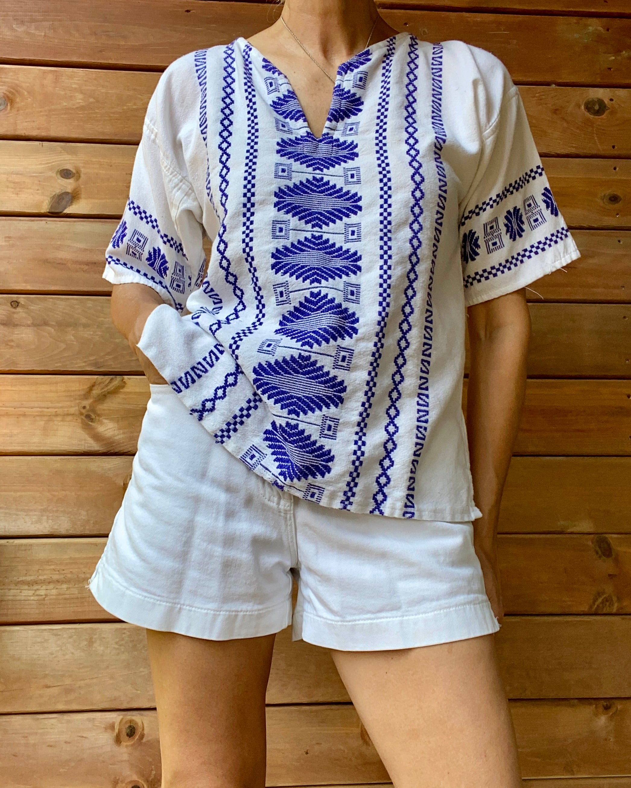 VINTAGE Cotton Guatemalan Grecian Style Embroidered Short Sleeve Surf Tunic Top M L